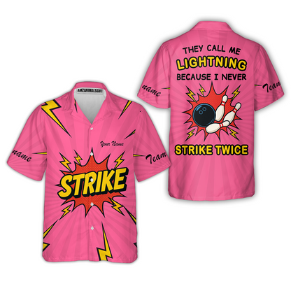 Customized Bowling Team Button Up Shirt, They Call Me Lightning Because I Never Strike Twice Comic Style Hawaiian Shirt
