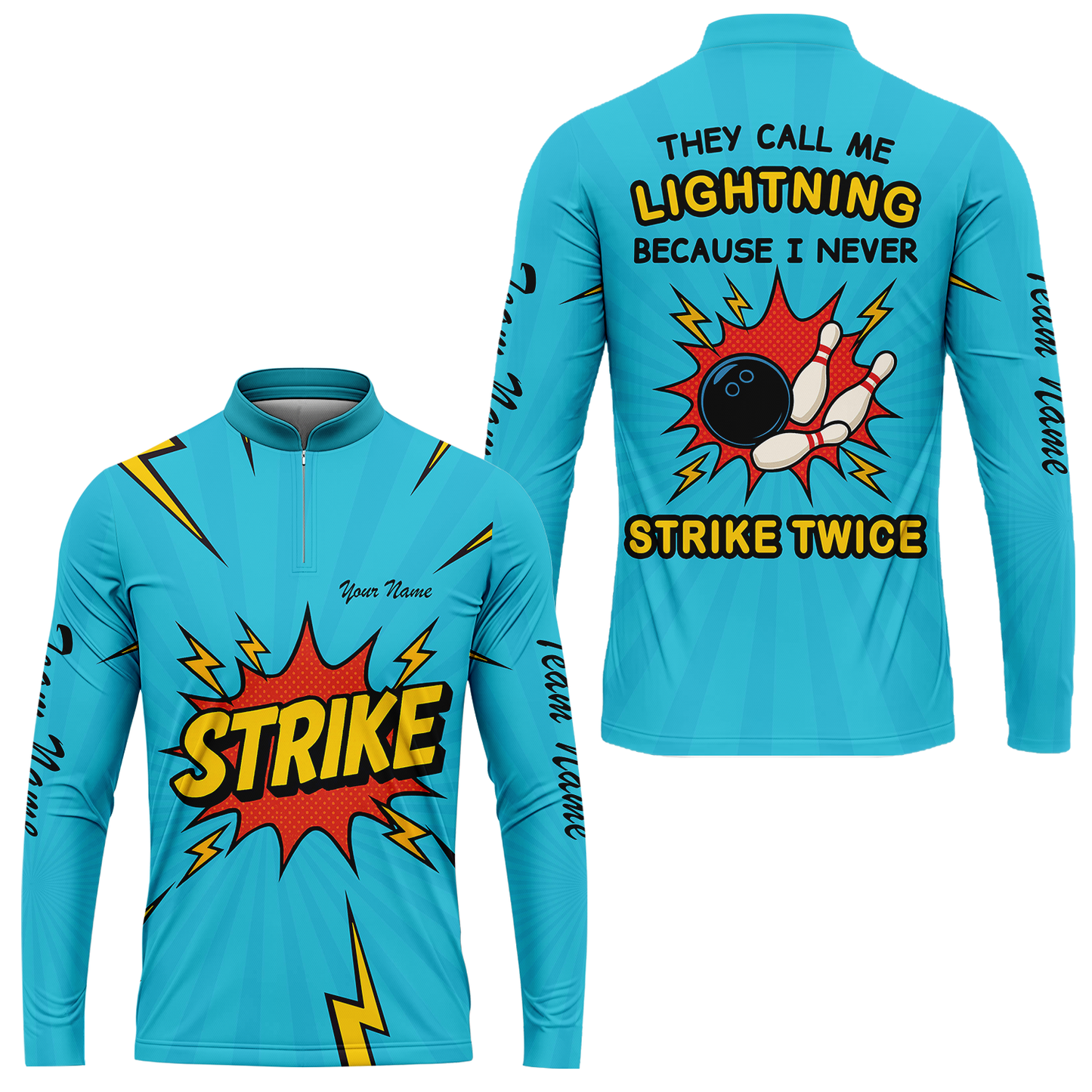 Customized Bowling Stand Collar Quarter-Zip Long Sleeve Shirt, They Call Me Lightning Because I Never Strike Twice Comic Style