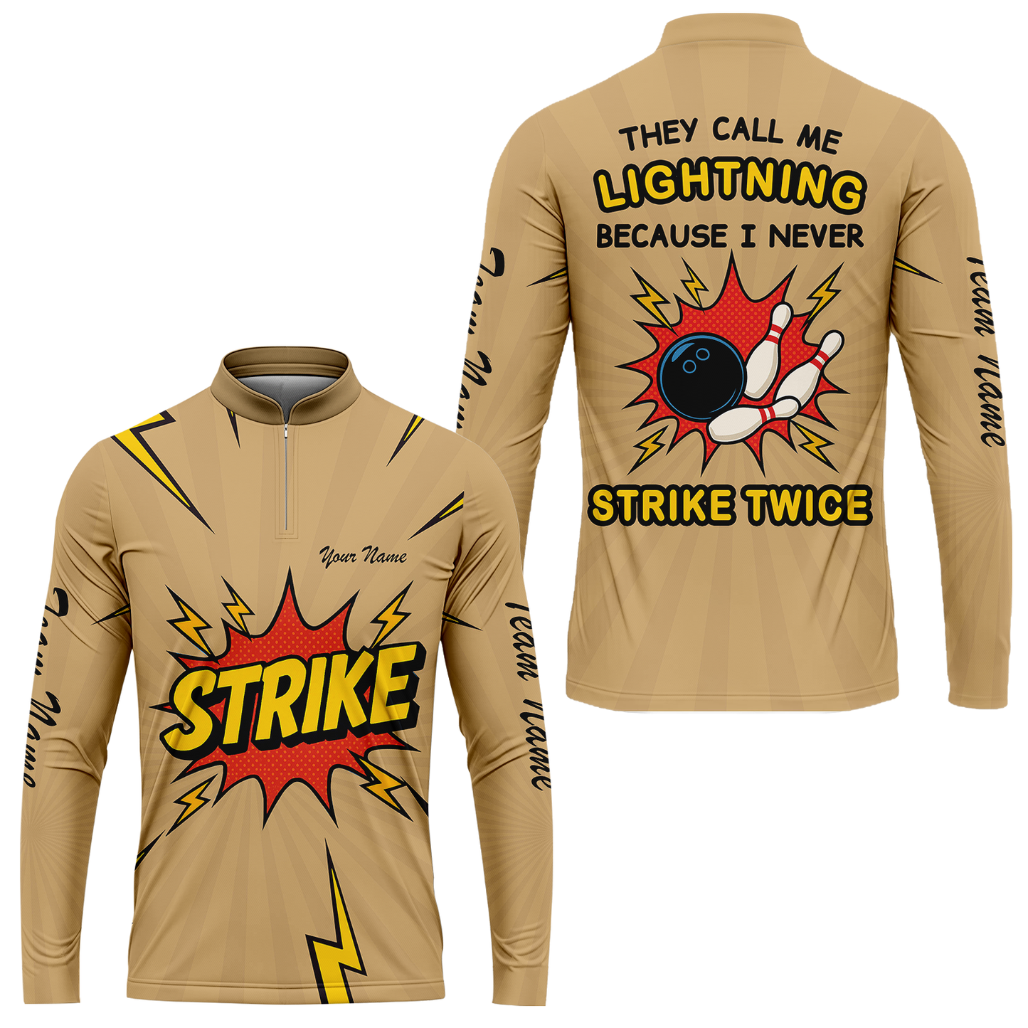 Customized Bowling Stand Collar Quarter-Zip Long Sleeve Shirt, They Call Me Lightning Because I Never Strike Twice Comic Style