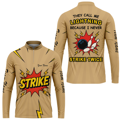 Customized Bowling Stand Collar Quarter-Zip Long Sleeve Shirt, They Call Me Lightning Because I Never Strike Twice Comic Style