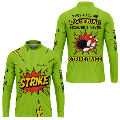 Customized Bowling Stand Collar Quarter-Zip Long Sleeve Shirt, They Call Me Lightning Because I Never Strike Twice Comic Style