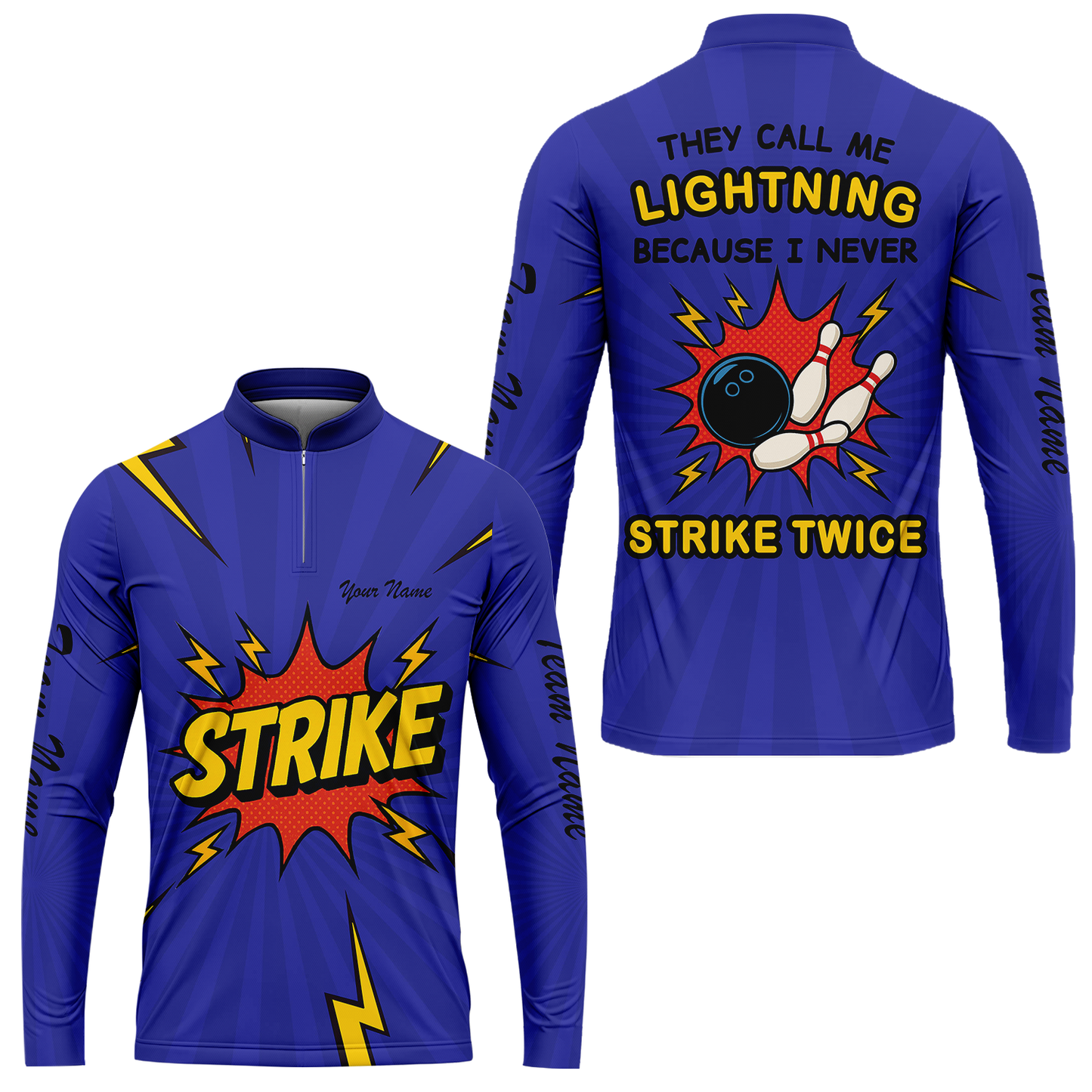 Customized Bowling Stand Collar Quarter-Zip Long Sleeve Shirt, They Call Me Lightning Because I Never Strike Twice Comic Style