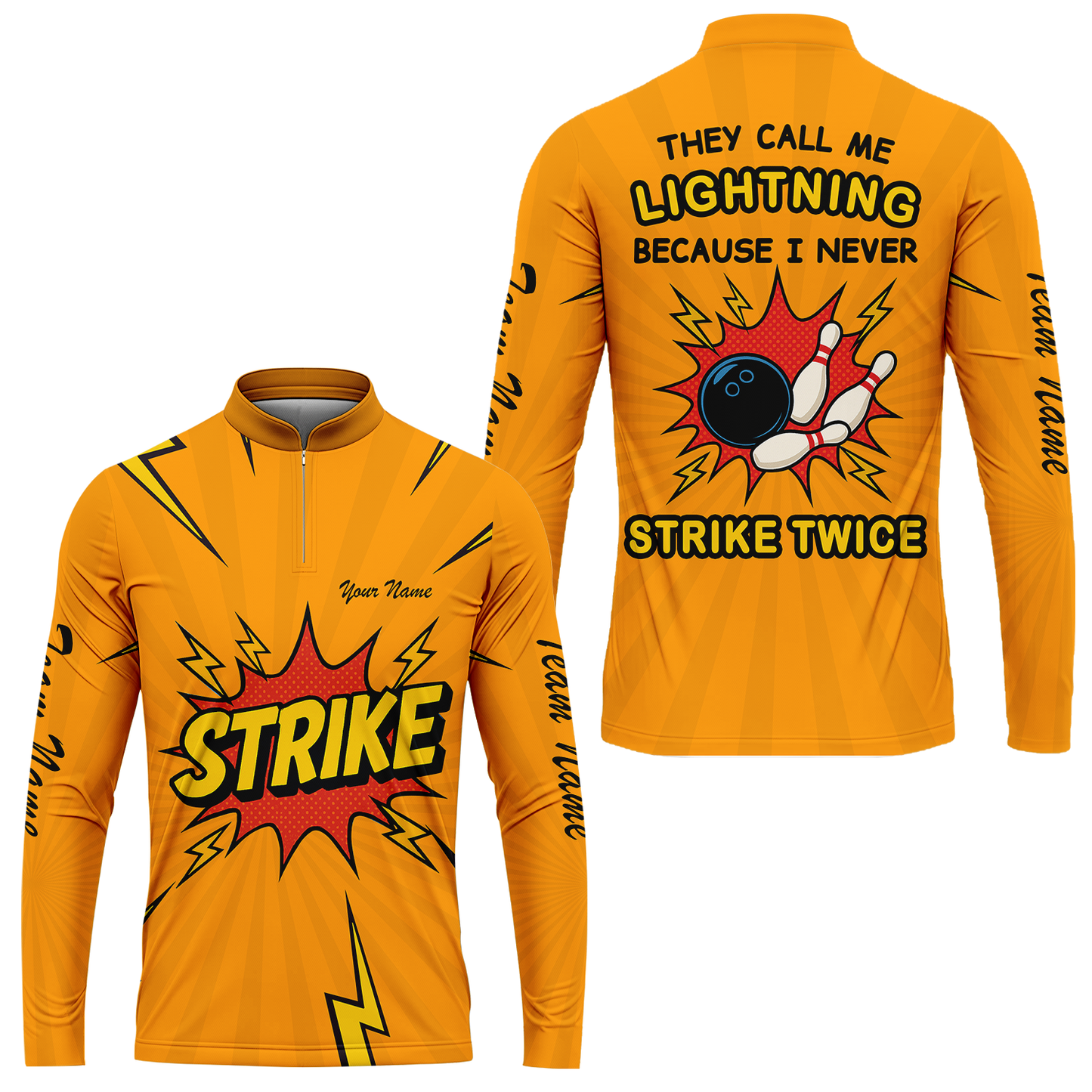 Customized Bowling Stand Collar Quarter-Zip Long Sleeve Shirt, They Call Me Lightning Because I Never Strike Twice Comic Style