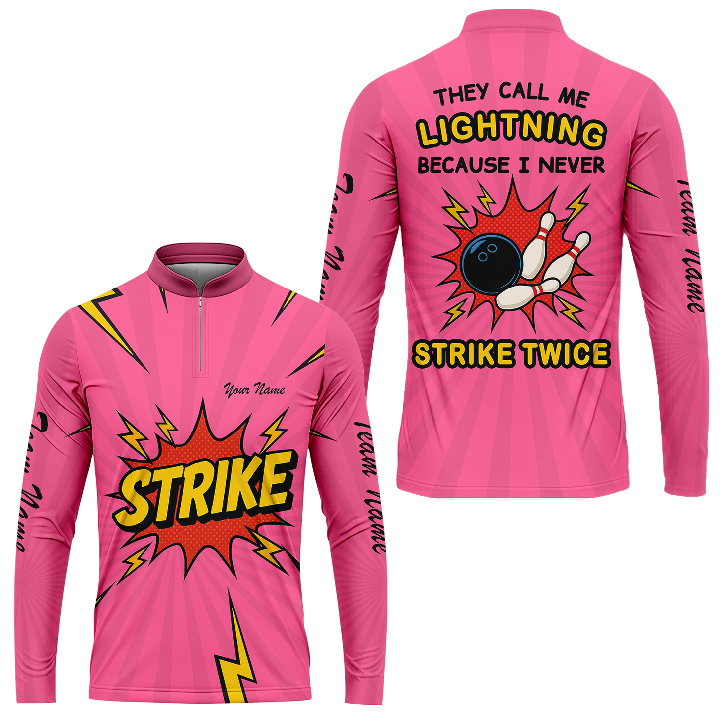 Customized Bowling Stand Collar Quarter-Zip Long Sleeve Shirt, They Call Me Lightning Because I Never Strike Twice Comic Style