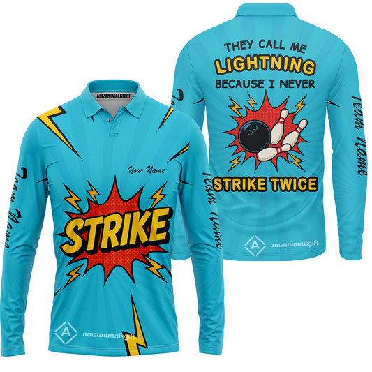 Customized Bowling Team Long Sleeve Polo Shirt, They Call Me Lightning Because I Never Strike Twice Comic Style