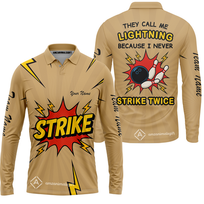 Customized Bowling Team Long Sleeve Polo Shirt, They Call Me Lightning Because I Never Strike Twice Comic Style