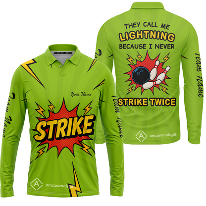 Customized Bowling Team Long Sleeve Polo Shirt, They Call Me Lightning Because I Never Strike Twice Comic Style