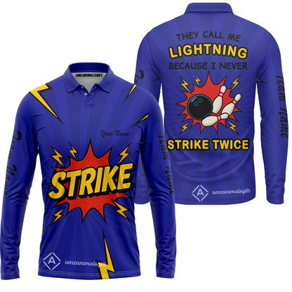 Customized Bowling Team Long Sleeve Polo Shirt, They Call Me Lightning Because I Never Strike Twice Comic Style