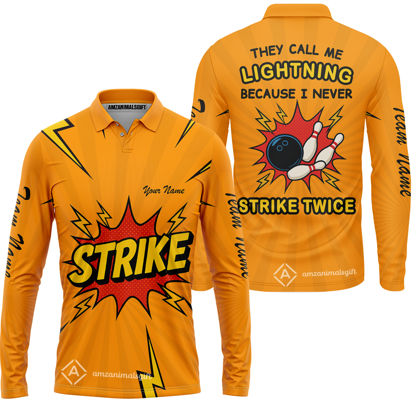 Customized Bowling Team Long Sleeve Polo Shirt, They Call Me Lightning Because I Never Strike Twice Comic Style