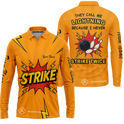 Customized Bowling Team Long Sleeve Polo Shirt, They Call Me Lightning Because I Never Strike Twice Comic Style