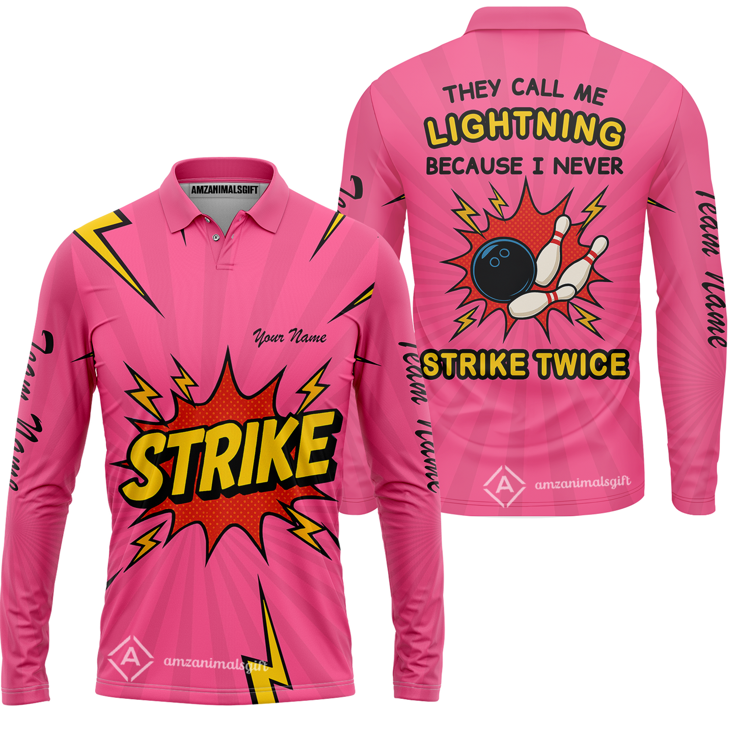 Customized Bowling Team Long Sleeve Polo Shirt, They Call Me Lightning Because I Never Strike Twice Comic Style