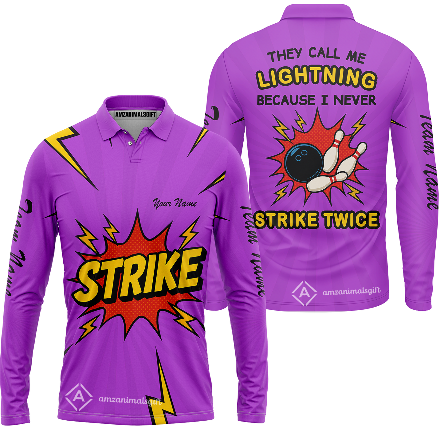 Customized Bowling Team Long Sleeve Polo Shirt, They Call Me Lightning Because I Never Strike Twice Comic Style