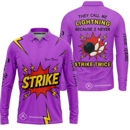 Customized Bowling Team Long Sleeve Polo Shirt, They Call Me Lightning Because I Never Strike Twice Comic Style