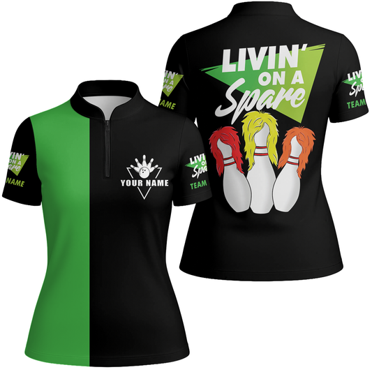 Customized Bowling Team Women Jersey, Bowling Livin' On A Spare Women's Stand Collar Quarter-Zip Jersey For Bowler