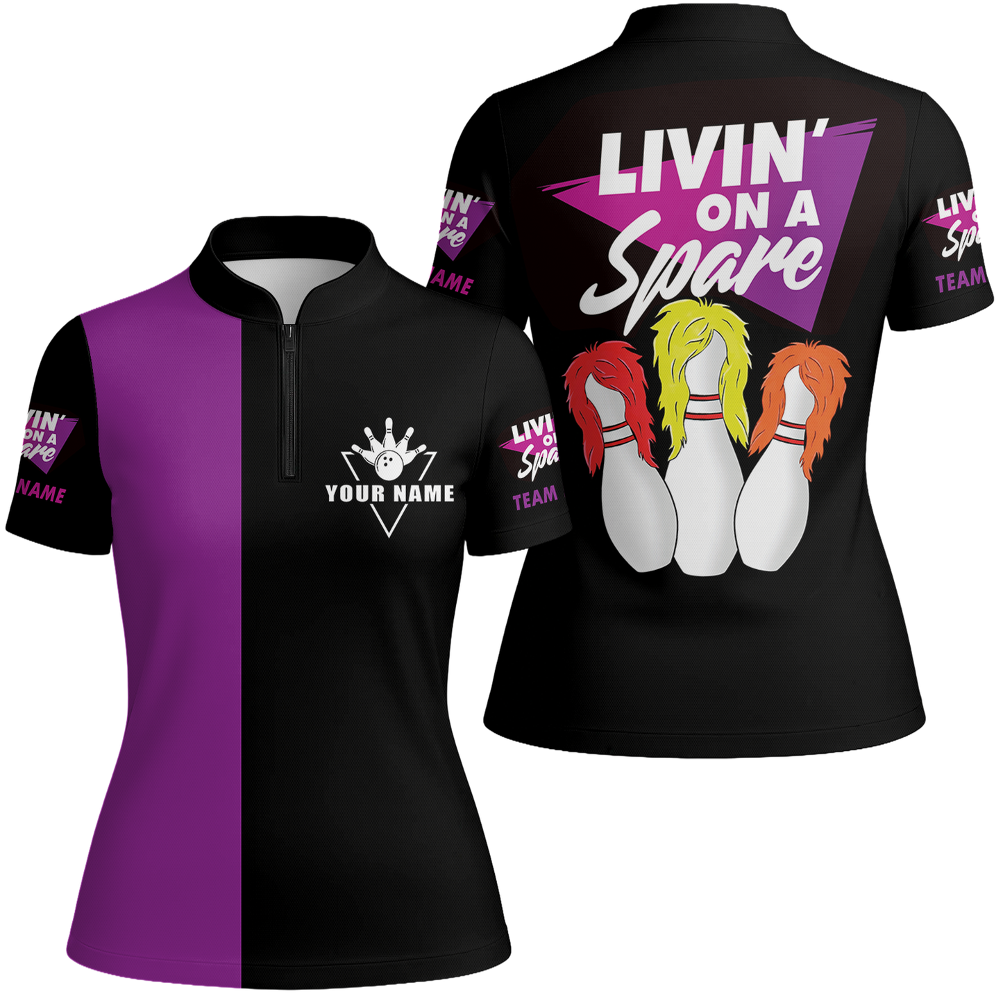 Customized Bowling Team Women Jersey, Bowling Livin' On A Spare Women's Stand Collar Quarter-Zip Jersey For Bowler
