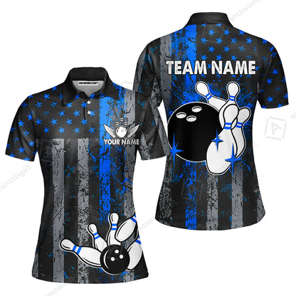 Customized Bowling Women Polo Shirt, Turquoise Grunge US Flag Patriotic Bowling Women Polo Shirt Jersey for Bowlers