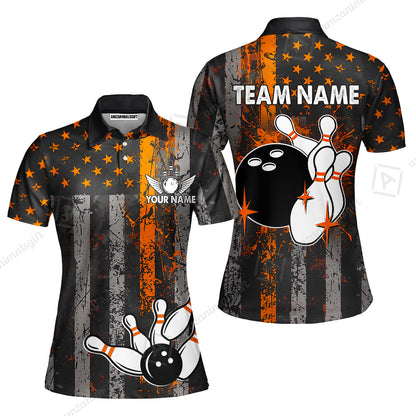 Customized Bowling Women Polo Shirt, Turquoise Grunge US Flag Patriotic Bowling Women Polo Shirt Jersey for Bowlers