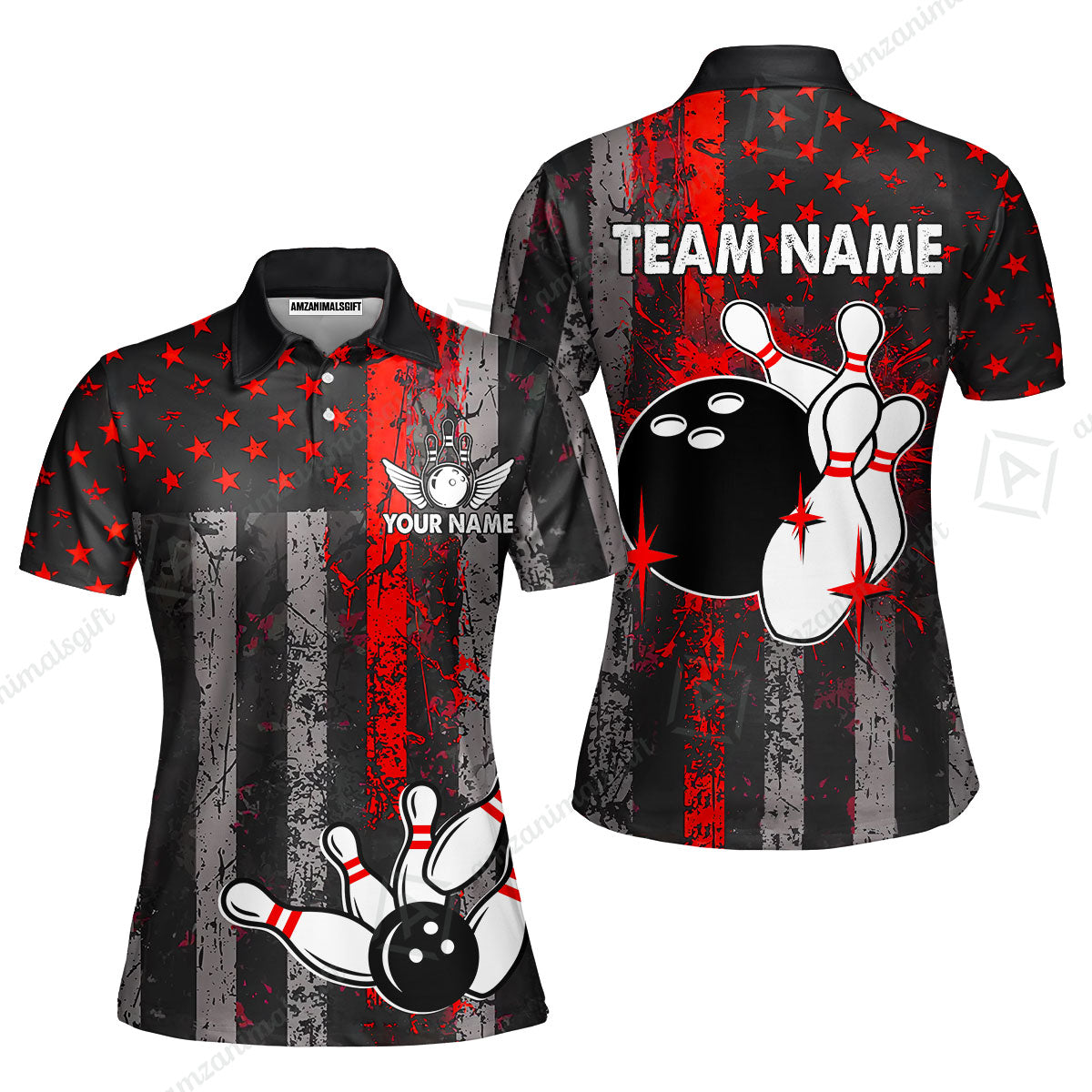 Customized Bowling Women Polo Shirt, Turquoise Grunge US Flag Patriotic Bowling Women Polo Shirt Jersey for Bowlers