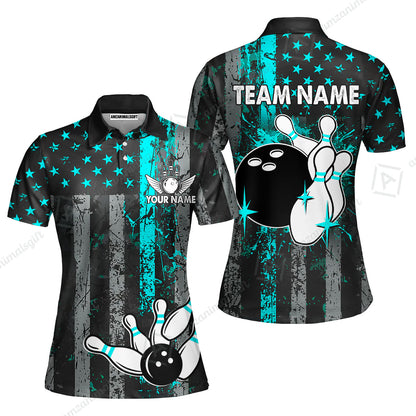 Customized Bowling Women Polo Shirt, Turquoise Grunge US Flag Patriotic Bowling Women Polo Shirt Jersey for Bowlers