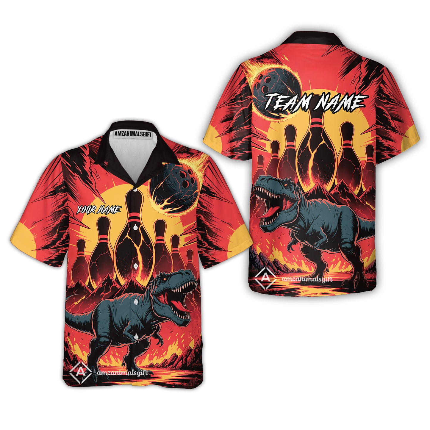 Custom Bowling Team Shirt – Bowling With T-Rex In Lava Volcano  Multicolor Option Personalized Jersey Bowling Uniform