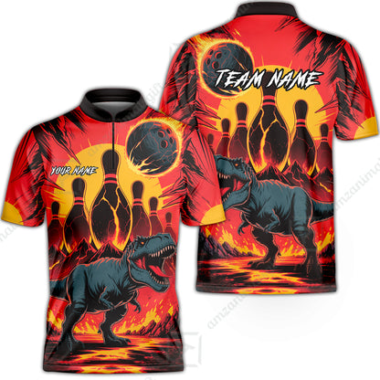 Custom Bowling Team Shirt – Bowling With T-Rex In Lava Volcano  Multicolor Option Personalized Jersey Bowling Uniform