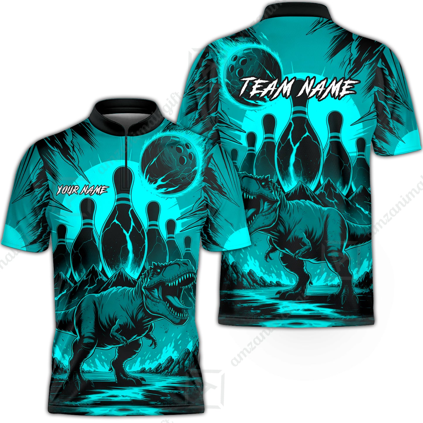 Custom Bowling Team Shirt – Bowling With T-Rex In Lava Volcano  Multicolor Option Personalized Jersey Bowling Uniform