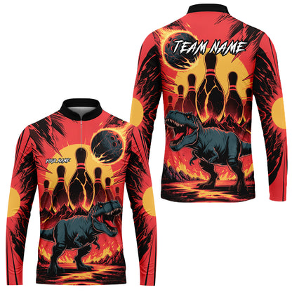 Custom Bowling Team Shirt – Bowling With T-Rex In Lava Volcano  Multicolor Option Personalized Jersey Bowling Uniform