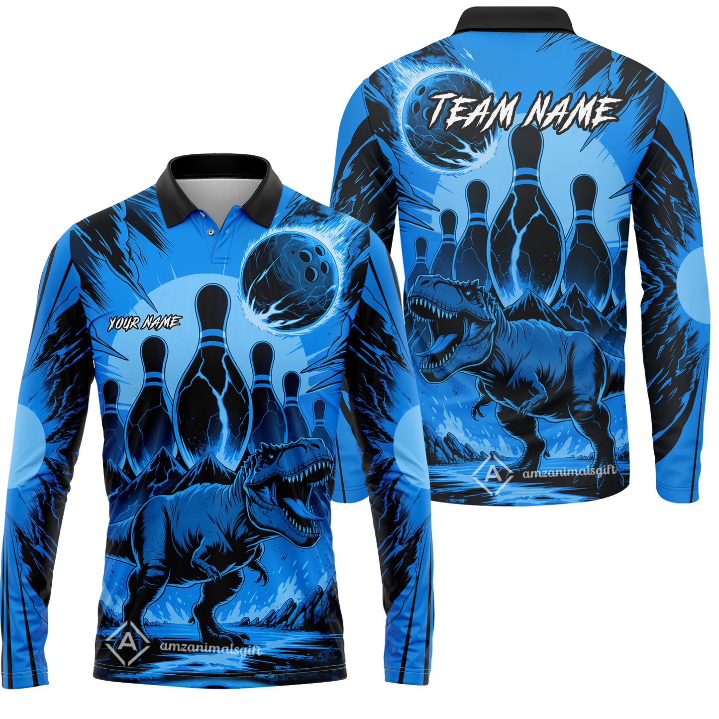 Custom Bowling Team Shirt – Bowling With T-Rex In Lava Volcano  Multicolor Option Personalized Jersey Bowling Uniform