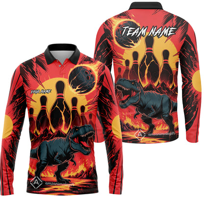Custom Bowling Team Shirt – Bowling With T-Rex In Lava Volcano  Multicolor Option Personalized Jersey Bowling Uniform