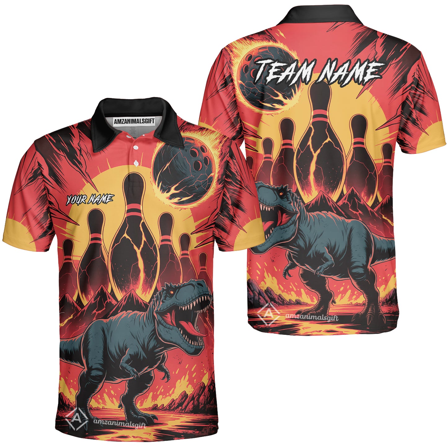 Custom Bowling Team Shirt – Bowling With T-Rex In Lava Volcano  Multicolor Option Personalized Jersey Bowling Uniform
