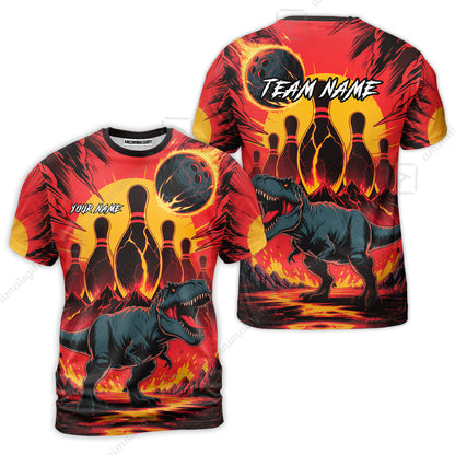Custom Bowling Team Shirt – Bowling With T-Rex In Lava Volcano  Multicolor Option Personalized Jersey Bowling Uniform