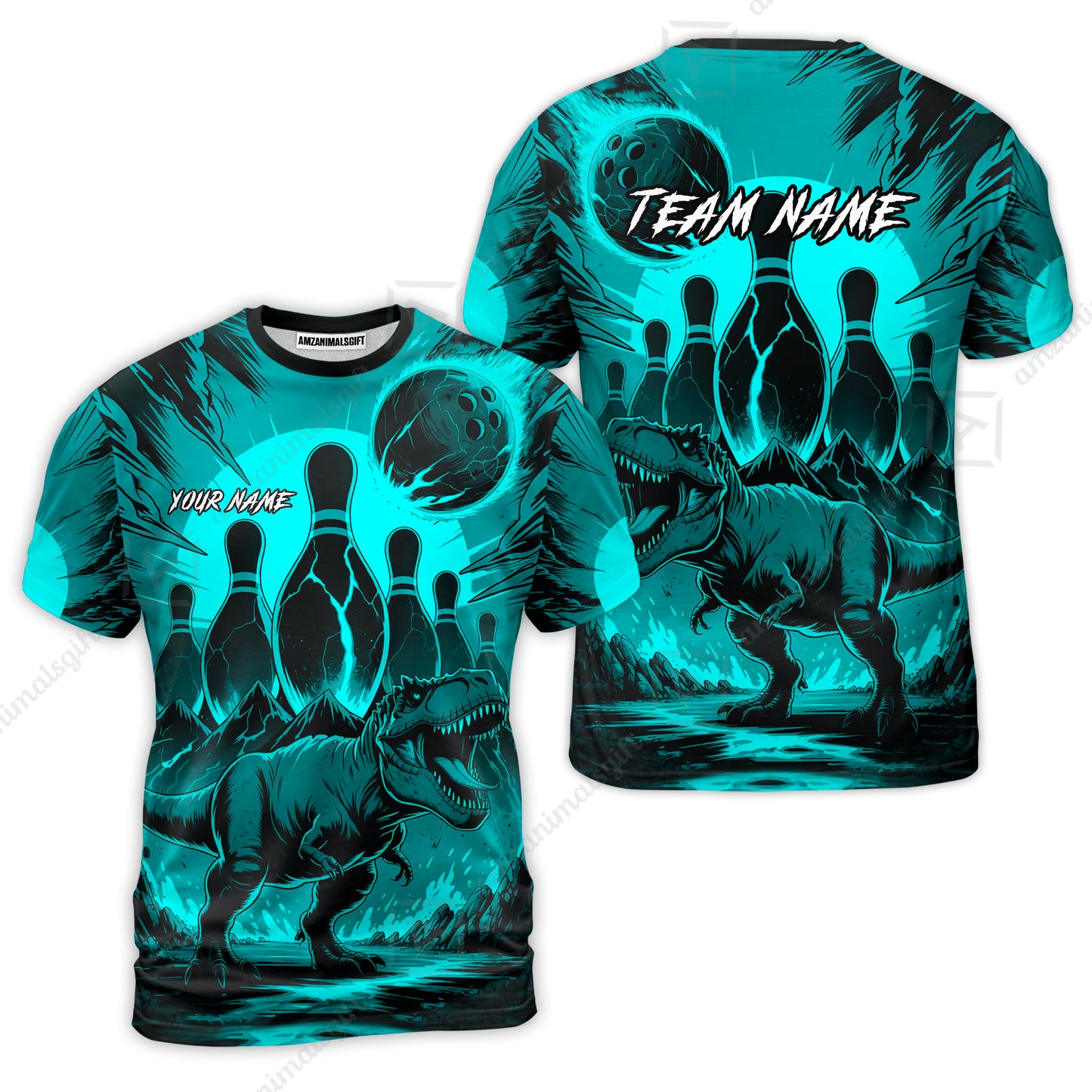 Custom Bowling Team Shirt – Bowling With T-Rex In Lava Volcano  Multicolor Option Personalized Jersey Bowling Uniform