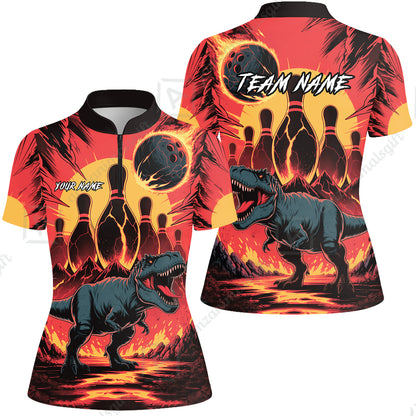 Custom Bowling Team Shirt – Bowling With T-Rex In Lava Volcano  Multicolor Option Personalized Jersey Bowling Uniform
