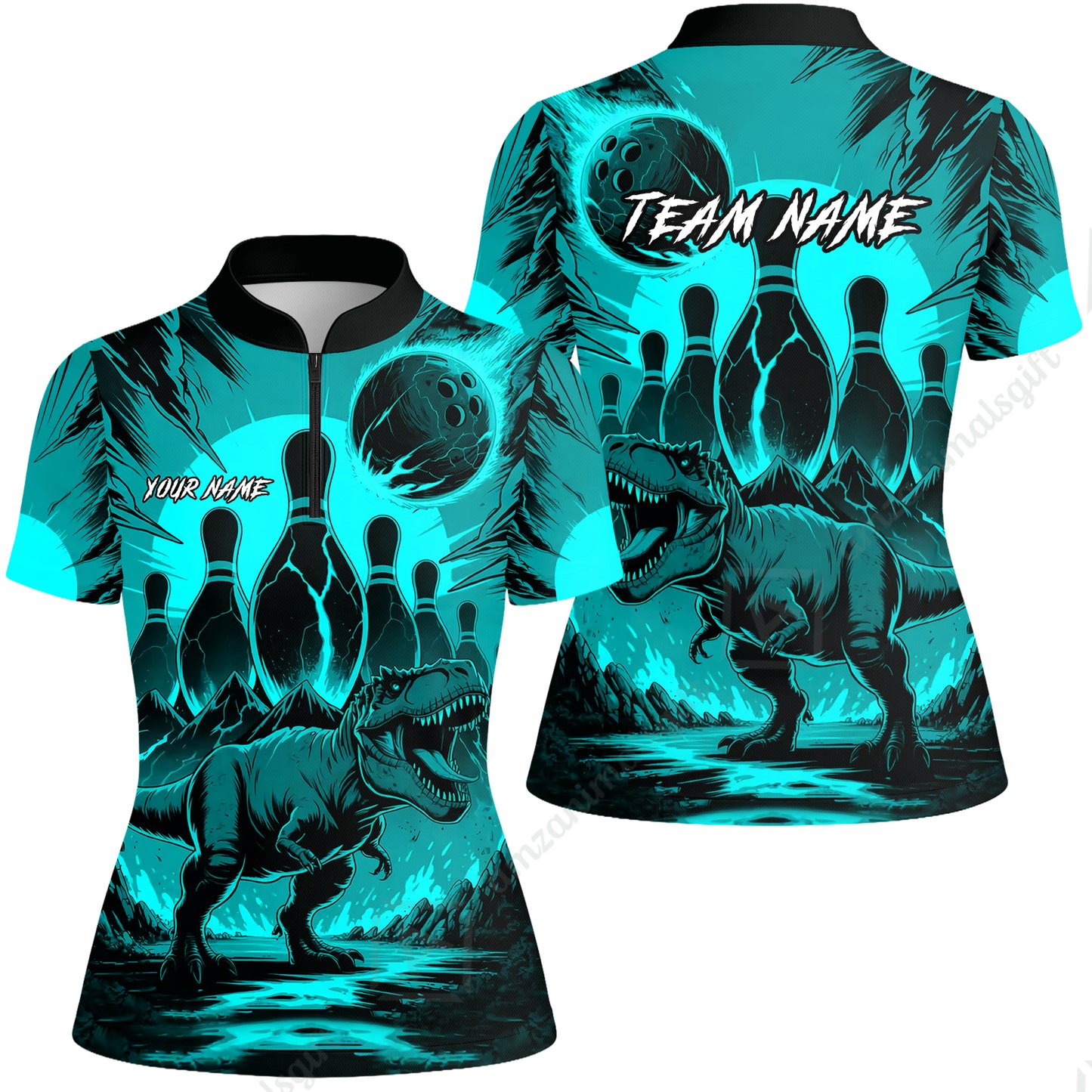 Custom Bowling Team Shirt – Bowling With T-Rex In Lava Volcano  Multicolor Option Personalized Jersey Bowling Uniform