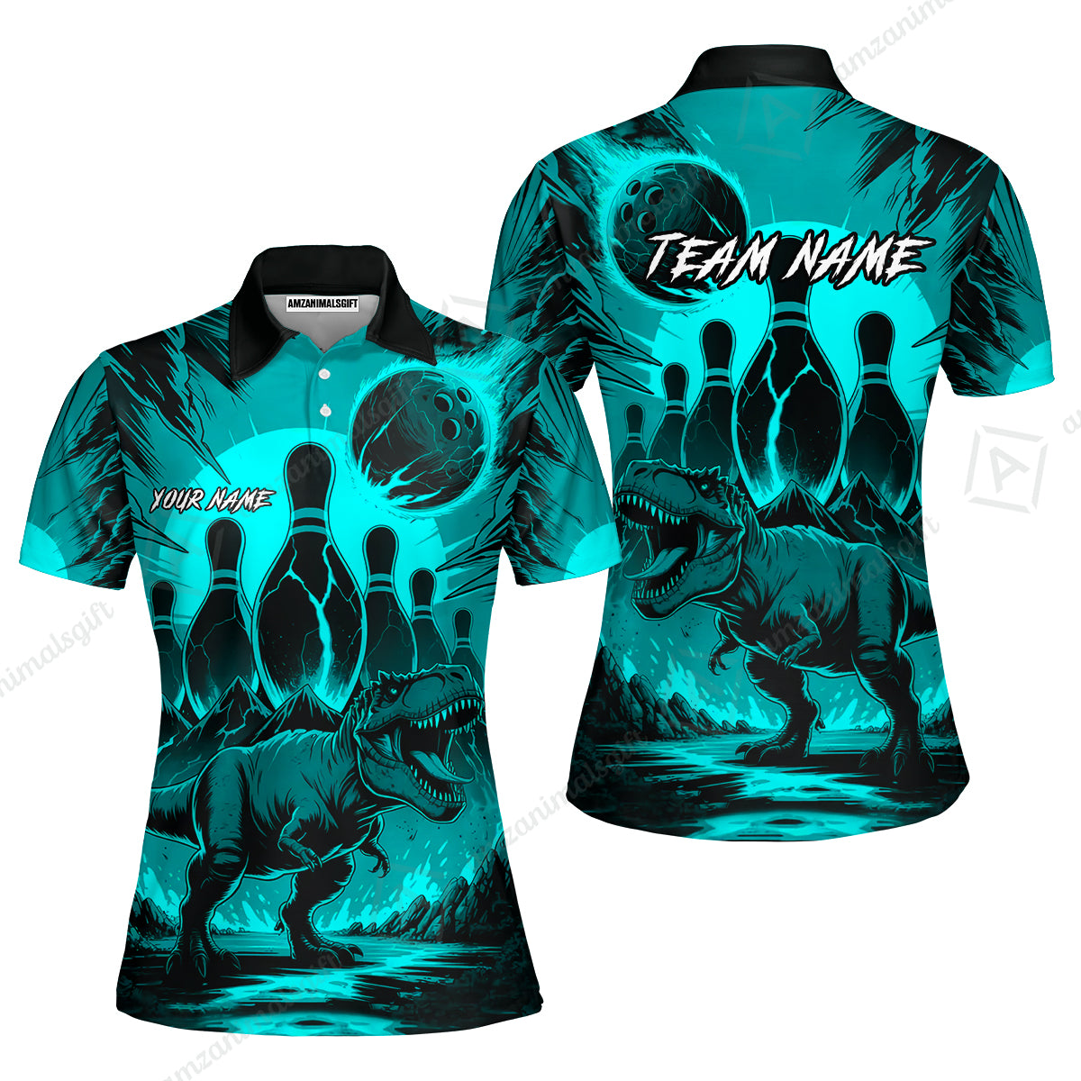 Custom Bowling Team Shirt – Bowling With T-Rex In Lava Volcano  Multicolor Option Personalized Jersey Bowling Uniform