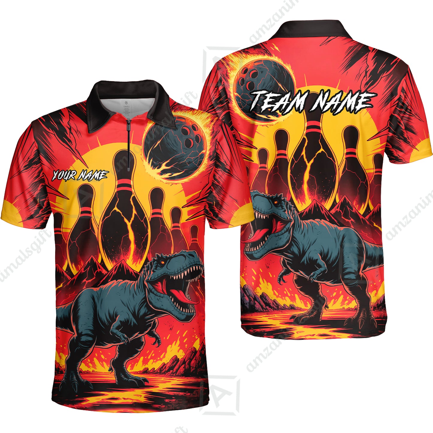 Custom Bowling Team Shirt – Bowling With T-Rex In Lava Volcano  Multicolor Option Personalized Jersey Bowling Uniform
