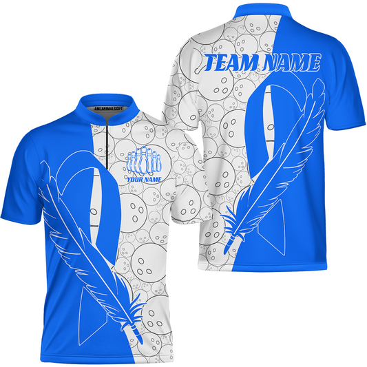 Customized Bowling Team Uniform Shirts, Blue Ribbon Feather Combined With Bowling Pattern Personalized Team & Player Jersey