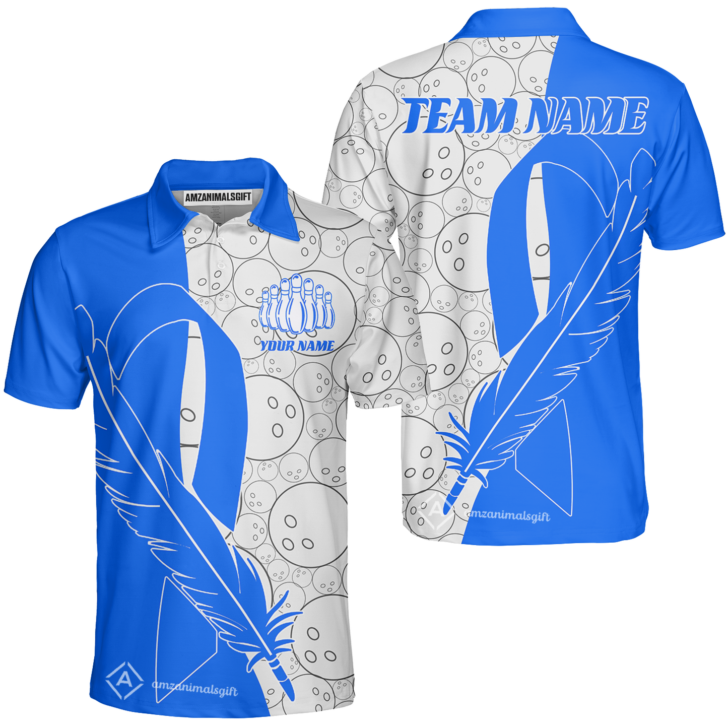 Customized Bowling Team Uniform Shirts, Blue Ribbon Feather Combined With Bowling Pattern Personalized Team & Player Jersey