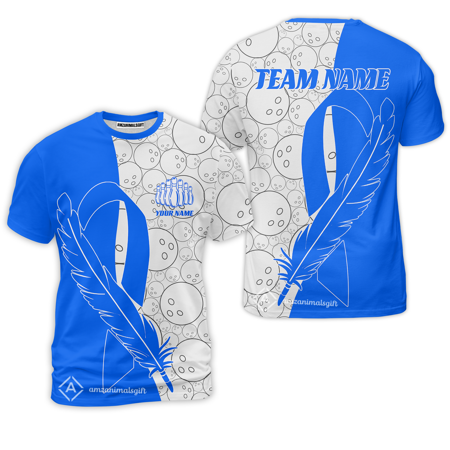 Customized Bowling Team Uniform Shirts, Blue Ribbon Feather Combined With Bowling Pattern Personalized Team & Player Jersey