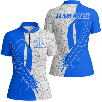 Customized Bowling Team Uniform Shirts, Blue Ribbon Feather Combined With Bowling Pattern Personalized Team & Player Jersey