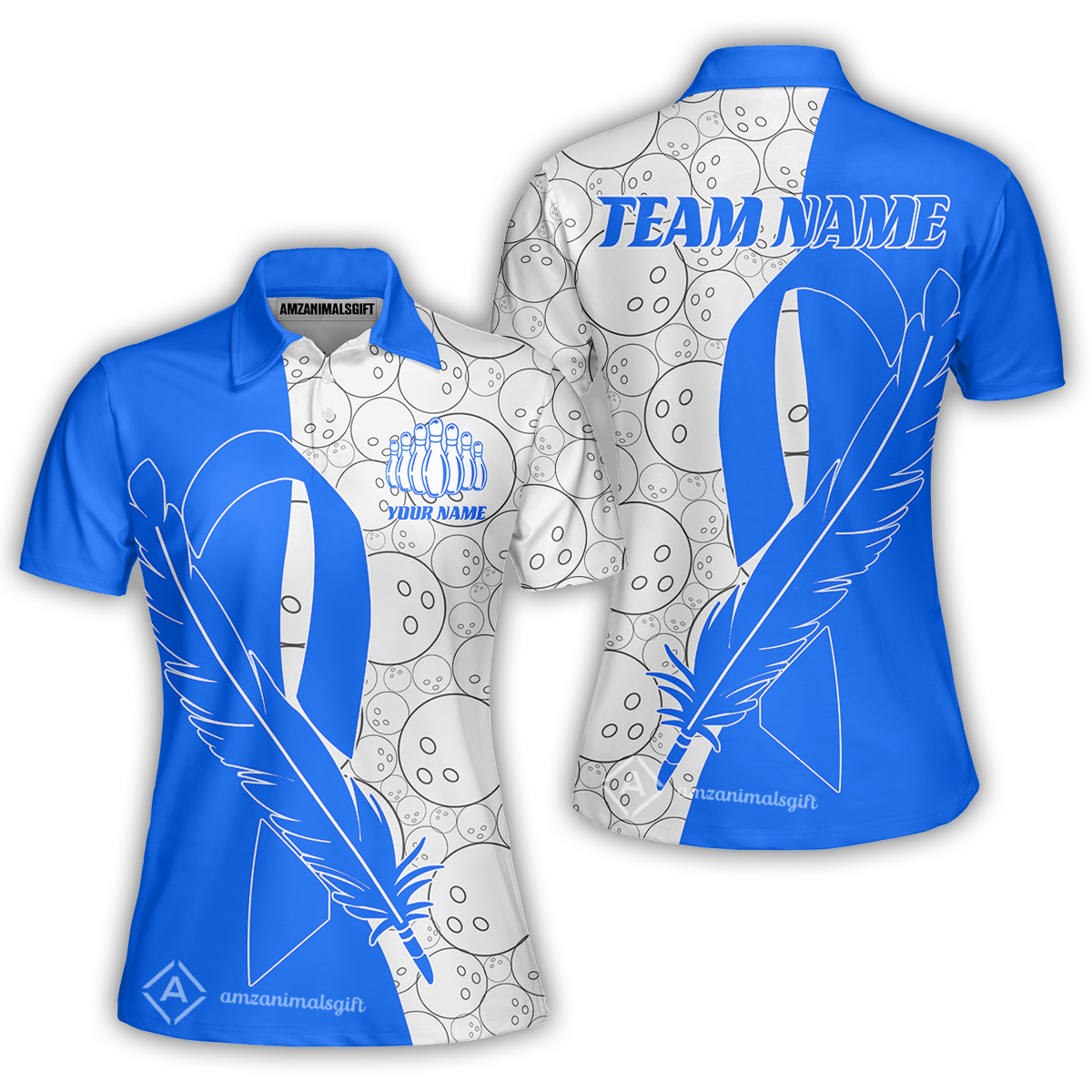 Customized Bowling Team Uniform Shirts, Blue Ribbon Feather Combined With Bowling Pattern Personalized Team & Player Jersey