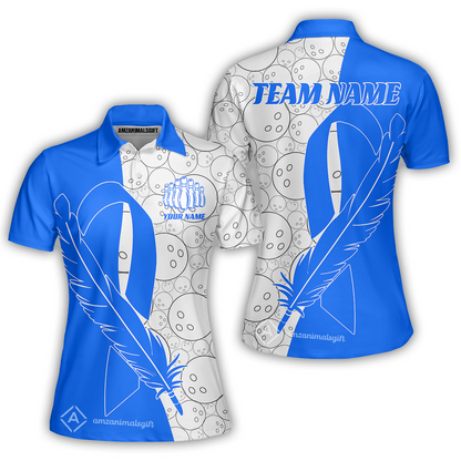 Customized Bowling Team Uniform Shirts, Blue Ribbon Feather Combined With Bowling Pattern Personalized Team & Player Jersey