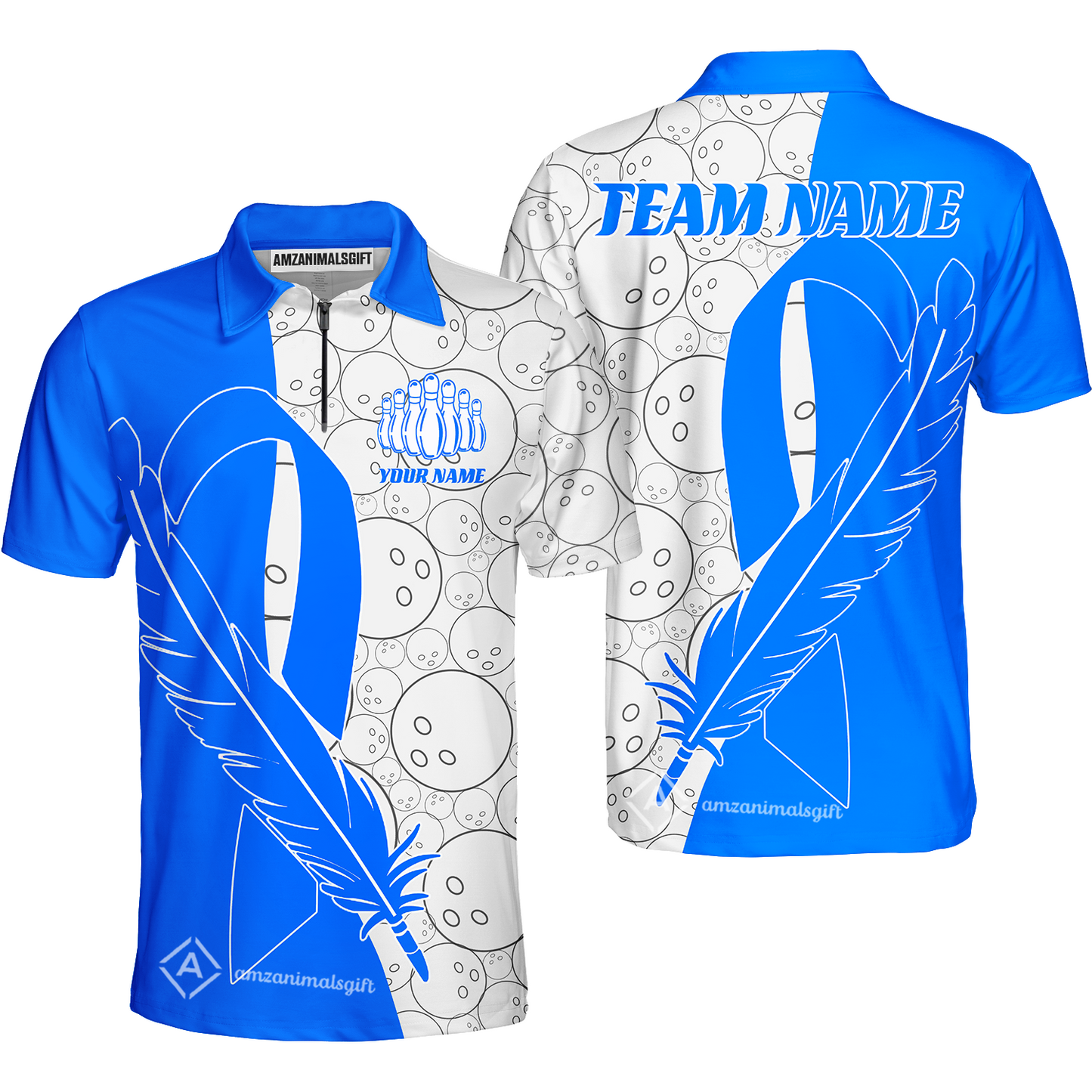 Customized Bowling Team Uniform Shirts, Blue Ribbon Feather Combined With Bowling Pattern Personalized Team & Player Jersey