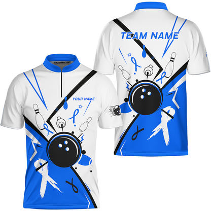 Custom Bowling Team Uniform Shirts, Bowling Ball Strike Pins And Blue Ribbon Shirt, Personalized Team & Player Jersey