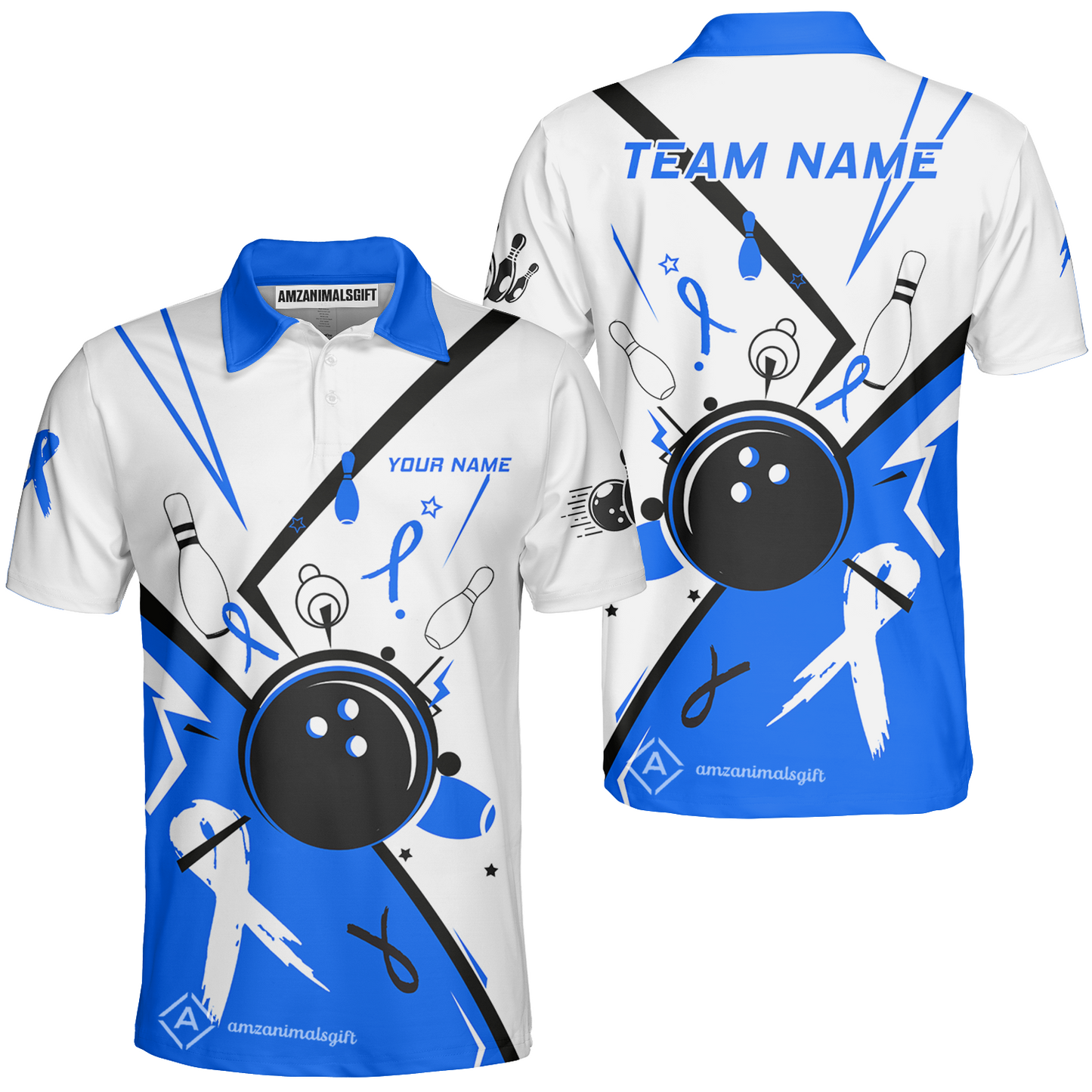 Custom Bowling Team Uniform Shirts, Bowling Ball Strike Pins And Blue Ribbon Shirt, Personalized Team & Player Jersey
