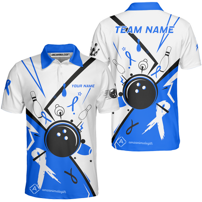 Custom Bowling Team Uniform Shirts, Bowling Ball Strike Pins And Blue Ribbon Shirt, Personalized Team & Player Jersey
