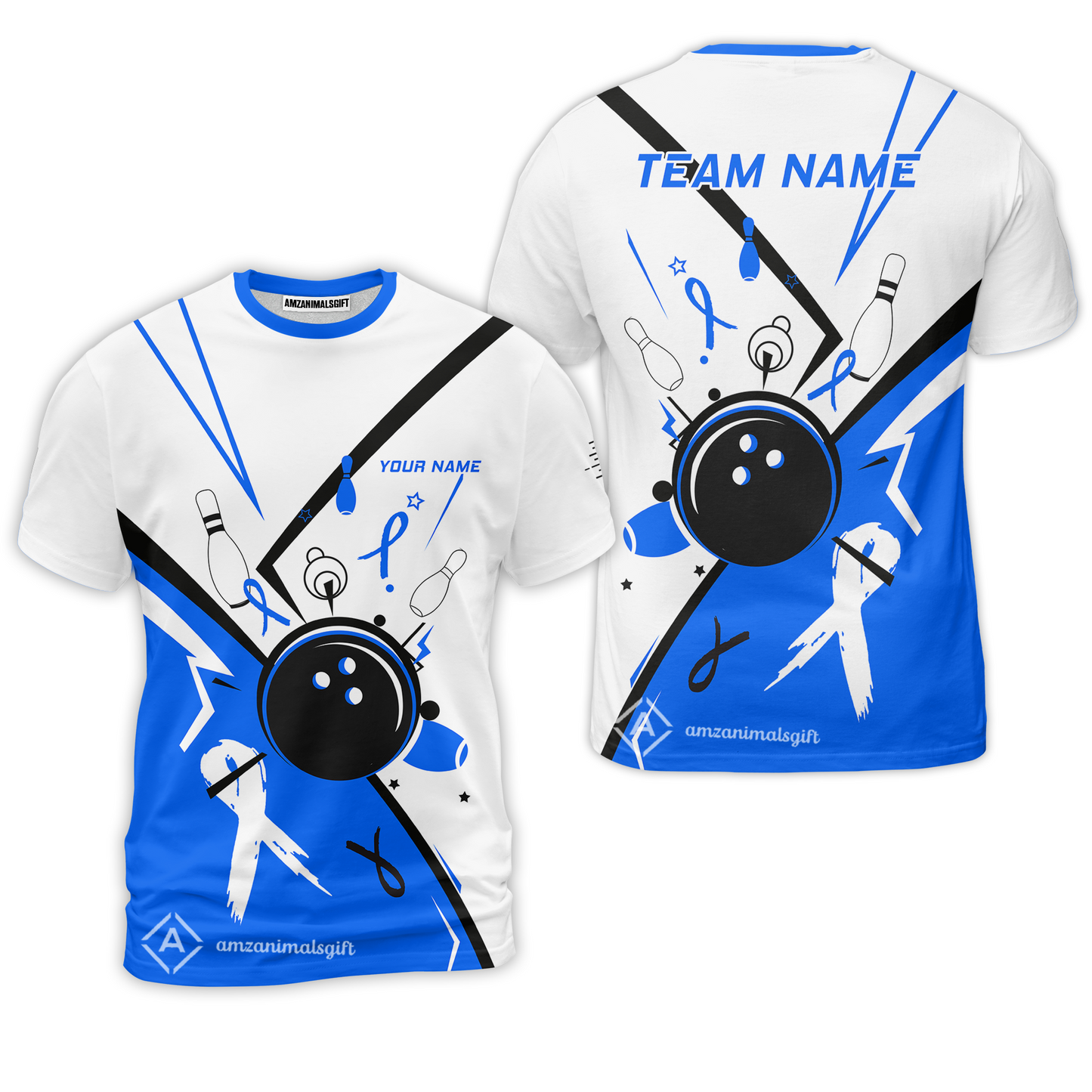 Custom Bowling Team Uniform Shirts, Bowling Ball Strike Pins And Blue Ribbon Shirt, Personalized Team & Player Jersey