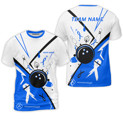 Custom Bowling Team Uniform Shirts, Bowling Ball Strike Pins And Blue Ribbon Shirt, Personalized Team & Player Jersey
