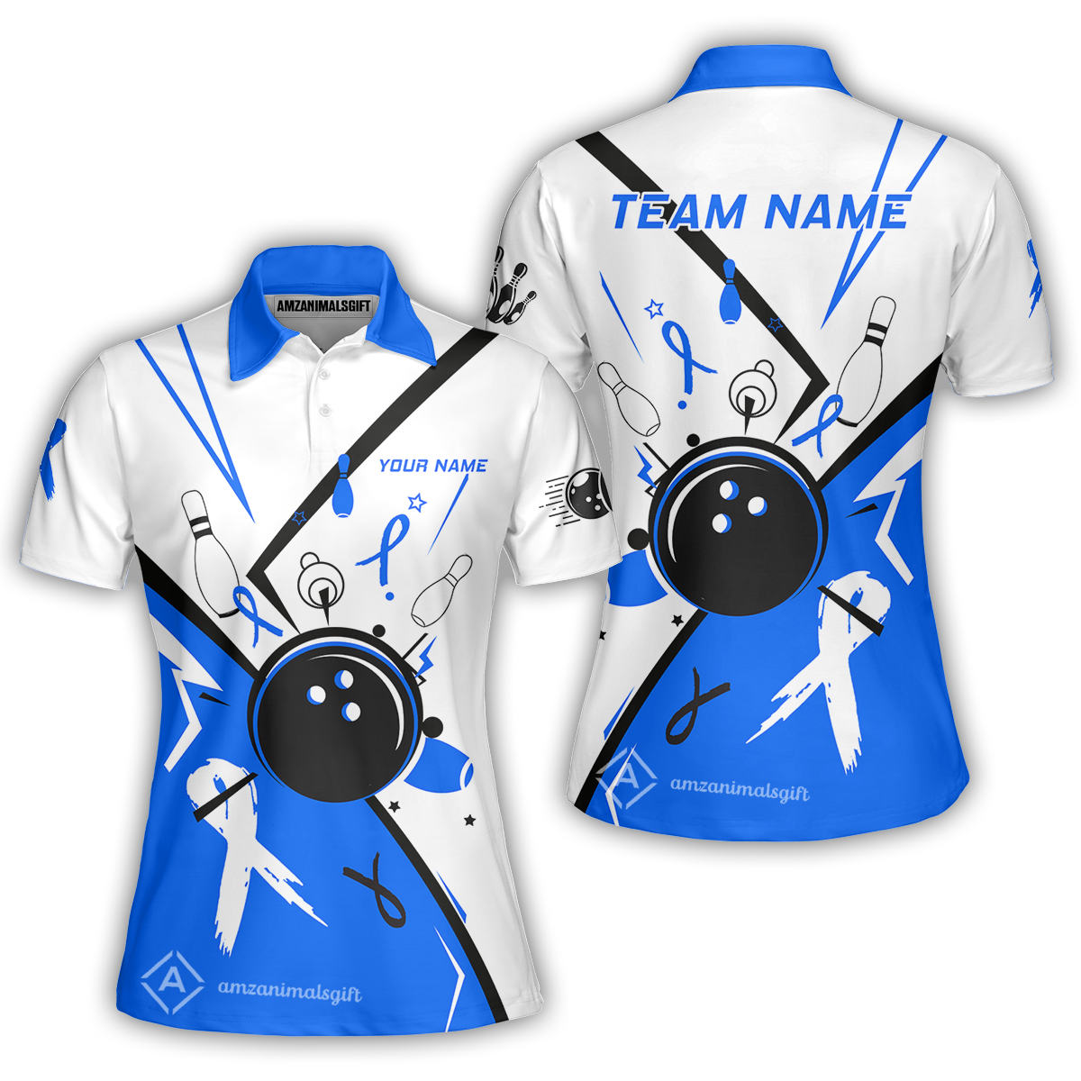 Custom Bowling Team Uniform Shirts, Bowling Ball Strike Pins And Blue Ribbon Shirt, Personalized Team & Player Jersey
