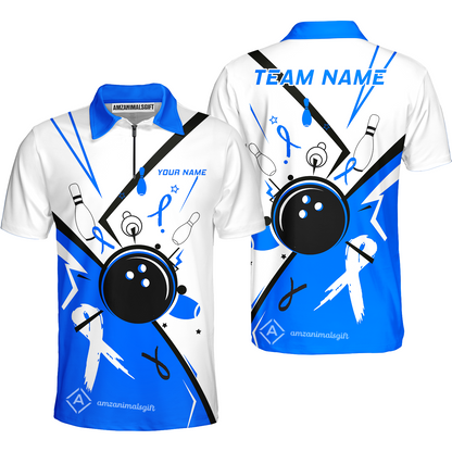Custom Bowling Team Uniform Shirts, Bowling Ball Strike Pins And Blue Ribbon Shirt, Personalized Team & Player Jersey